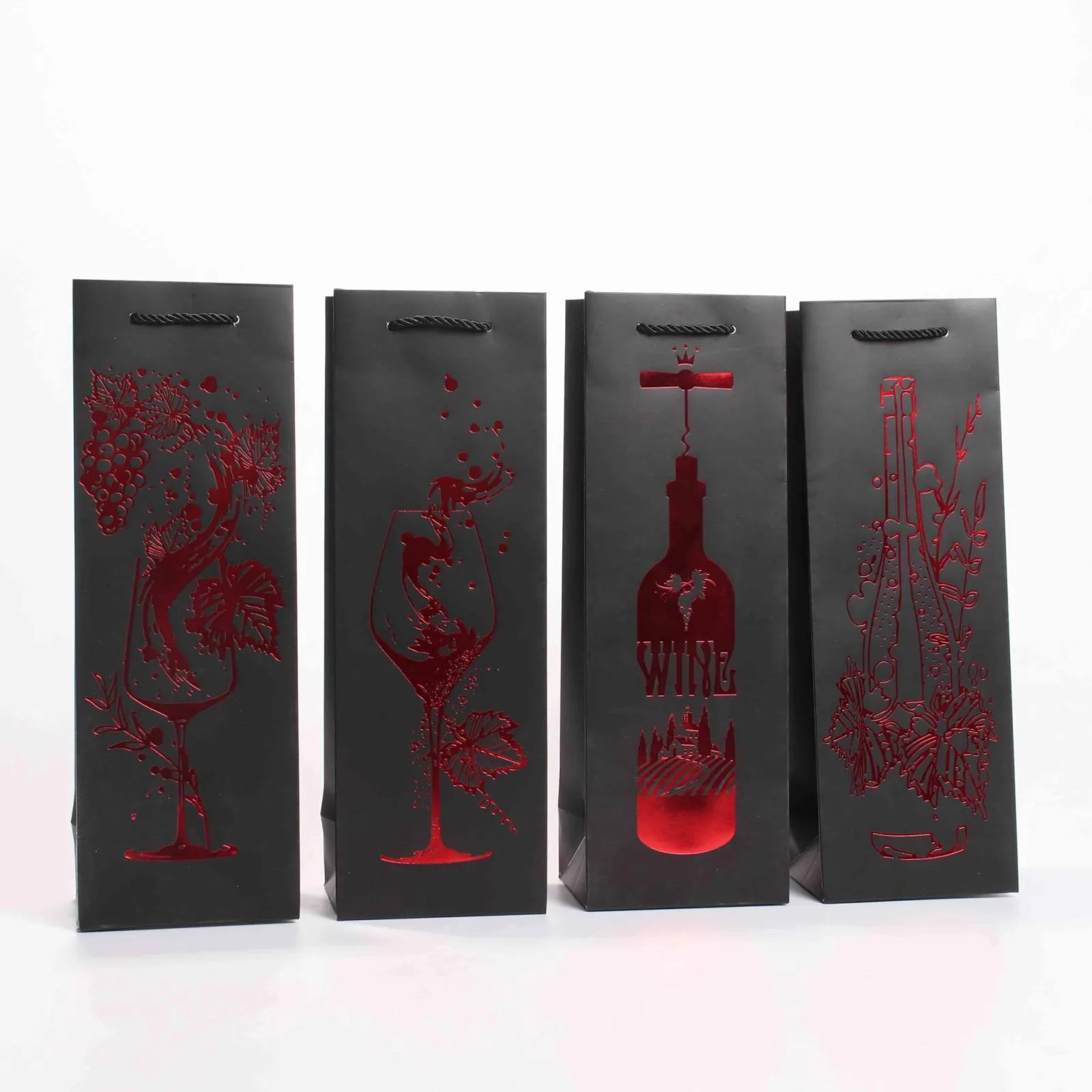 Black Cardstock Wine Bag with Red and Gold Foil Stamping