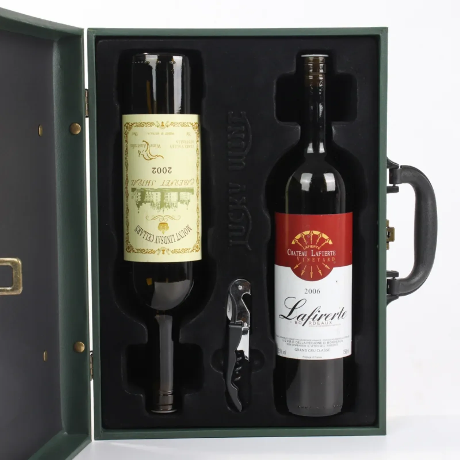Vintage Leather Handled Double Bottle Flip Top Wine Gift Box 3