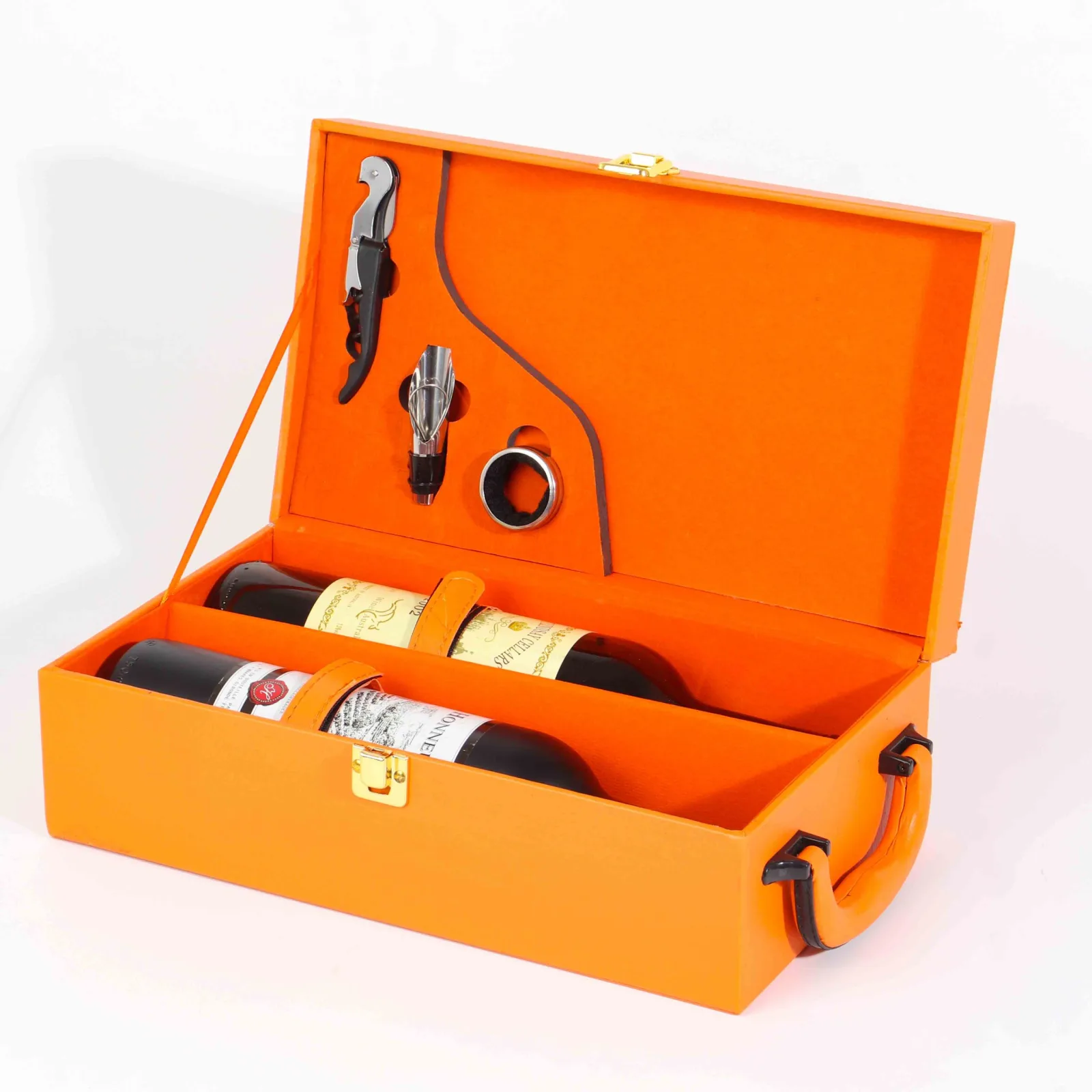 Orange Leather Double Bottle Wine Gift Box with Wine Tools 2