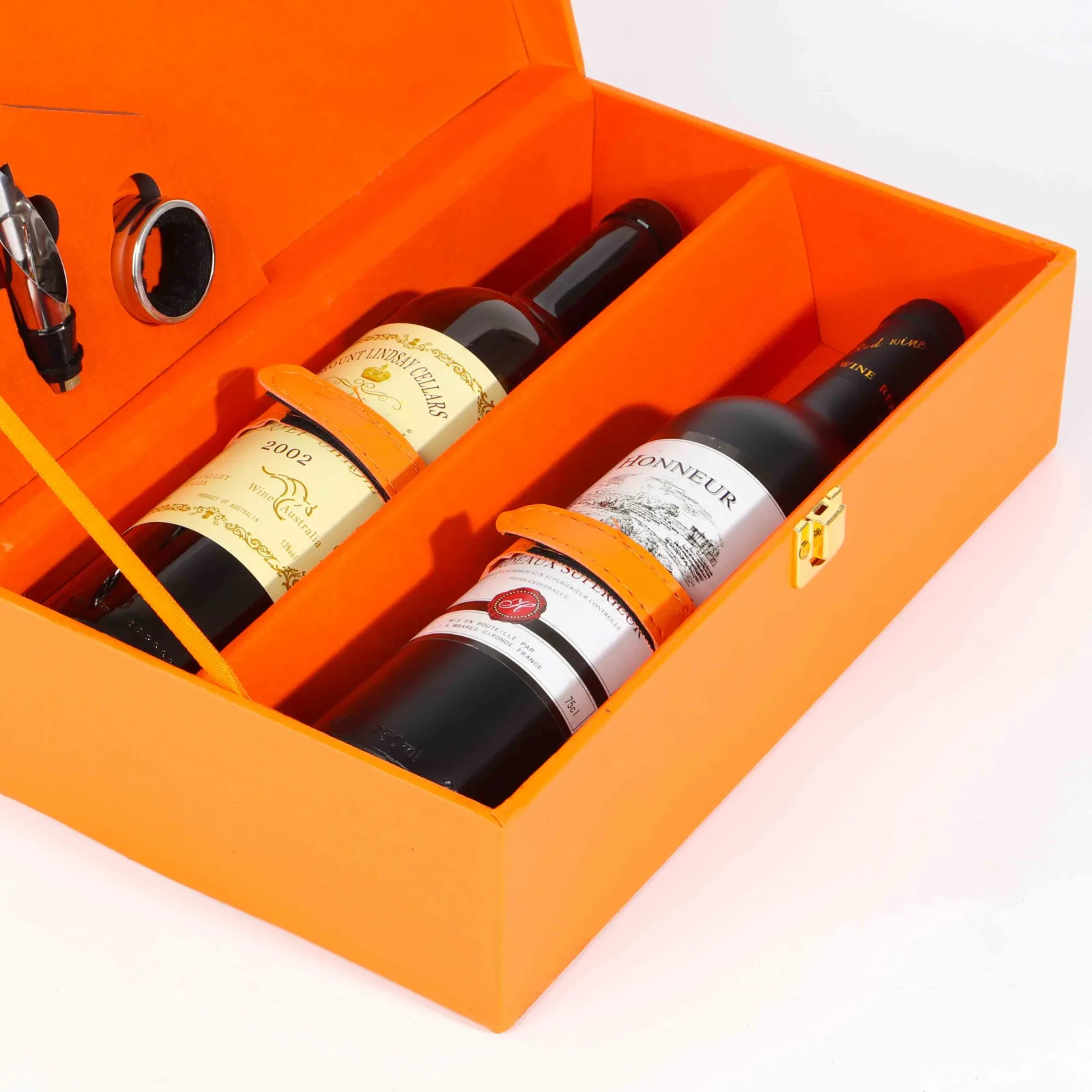 Orange Leather Double Bottle Wine Gift Box with Wine Tools 3