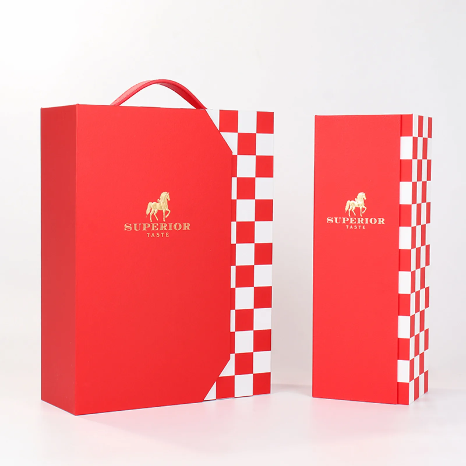 Red Checkered Wine Gift Box with Handle